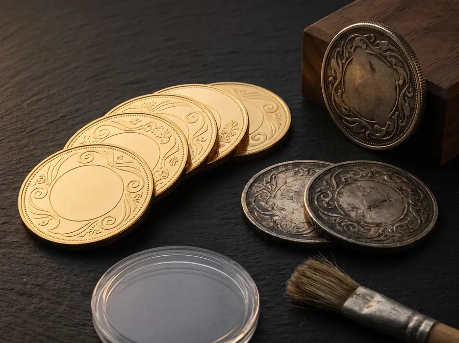 Goldmünzen, zwei ältere Silbermünzen, eine leere Münzkapsel und ein Pinsel auf dunklem Schiefer
